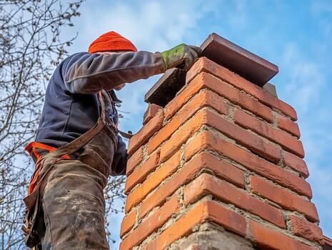 Technician repairing a chimney crown and installing a cap in Los Alamitos CA
