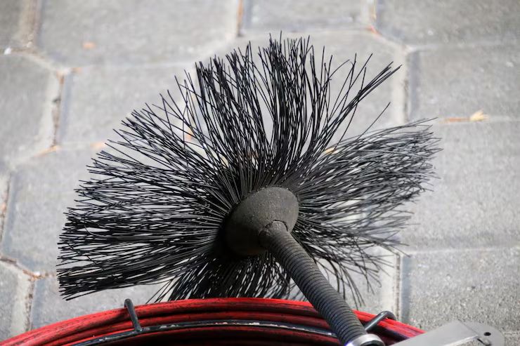 Professional chimney sweeping brush and rod equipment used for flue relining