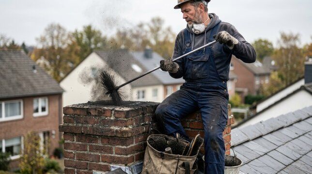 Professional chimney sweep cleaning a brick chimney from the rooftop in Los Alamitos, California