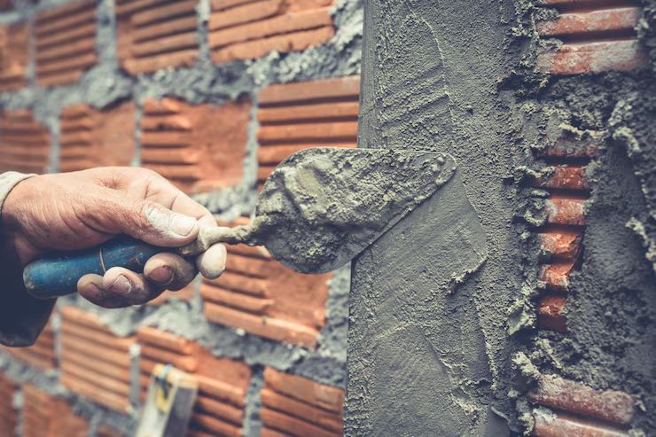 Trowel packing fresh mortar into brick joints during tuckpointing in Los Alamitos